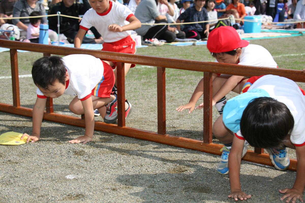 障害物のはしごを器用にくぐる園児たち