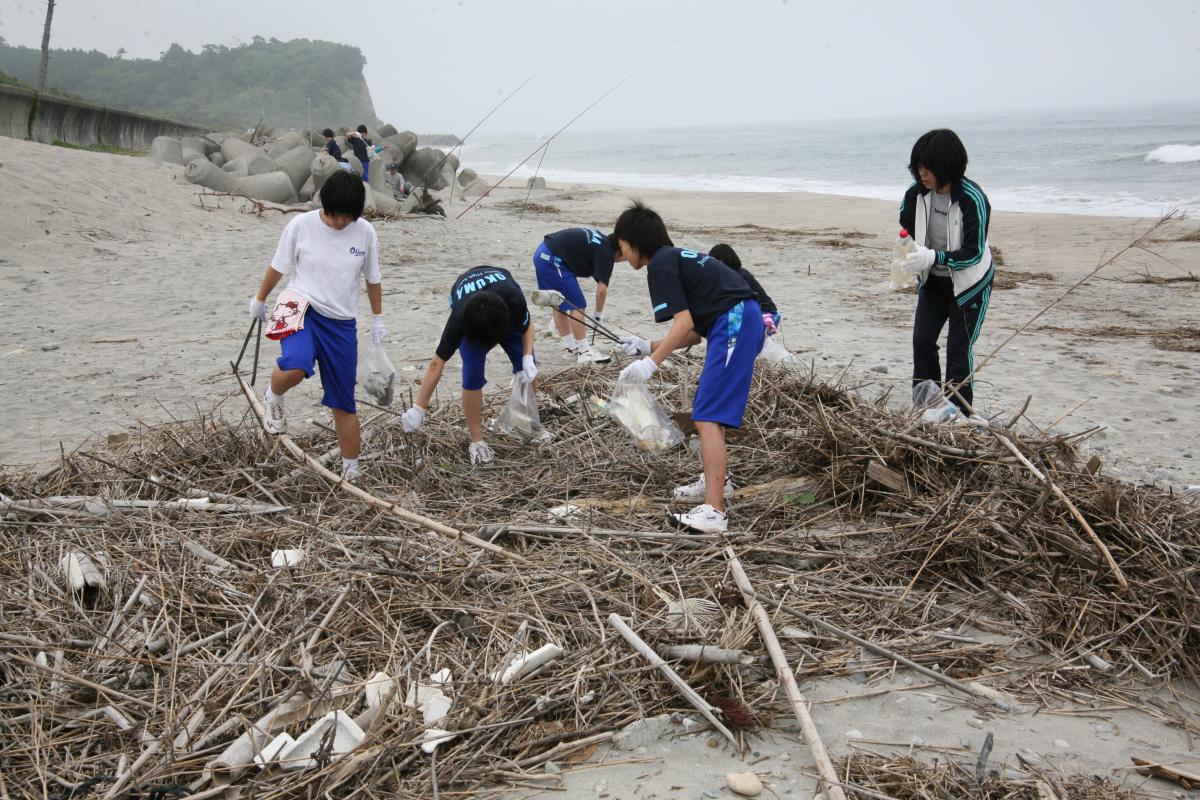 大雨で流れ着いた流木などの中から丁寧にゴミを探す子ども