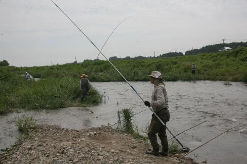 釣り竿をかまえ、鮎に目を光らせる釣り人の姿