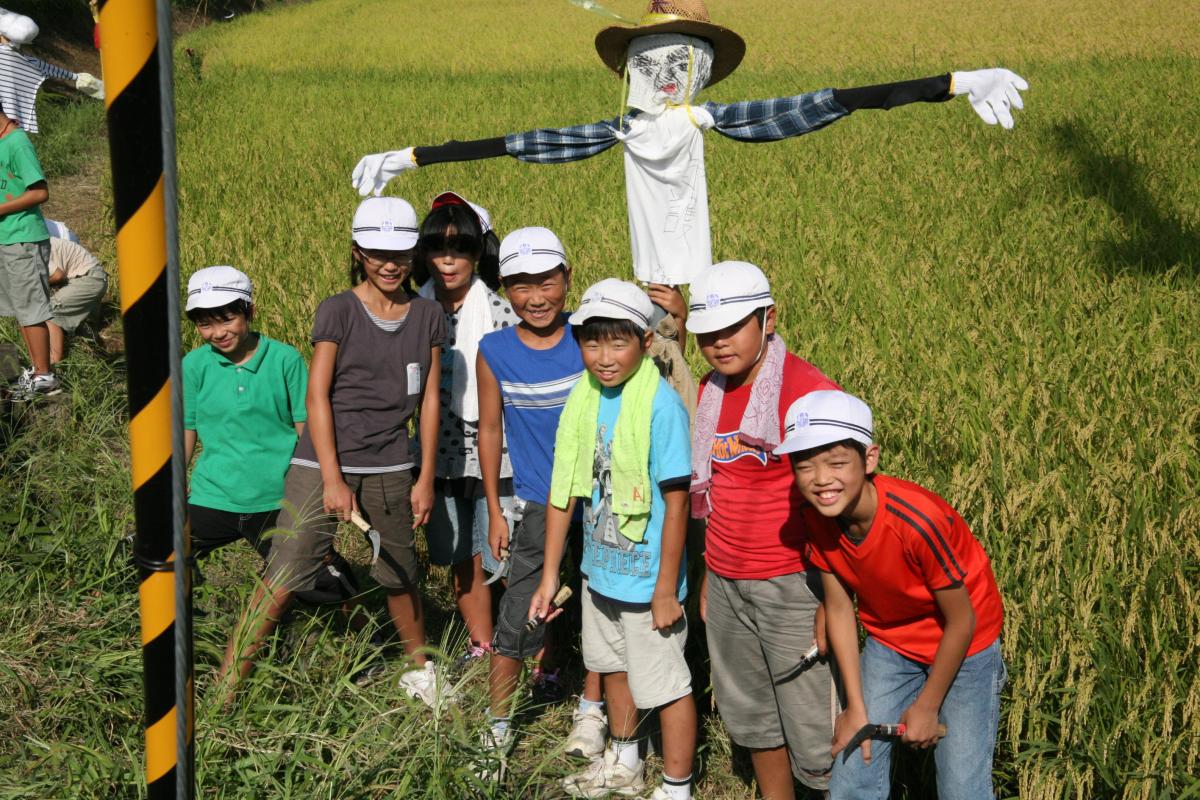 スズメなどの被害から稲を守ってくれるよう願いを込めて制作した案山子