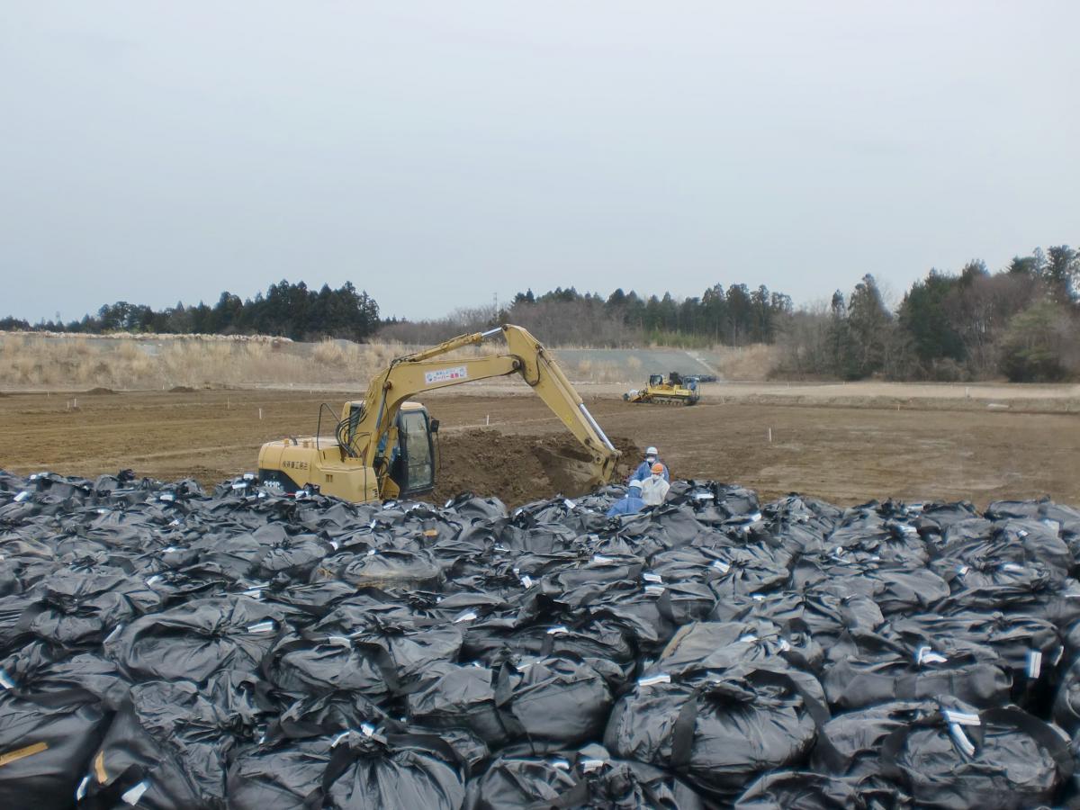 大量のフレコンバッグが並ぶ大川原地区