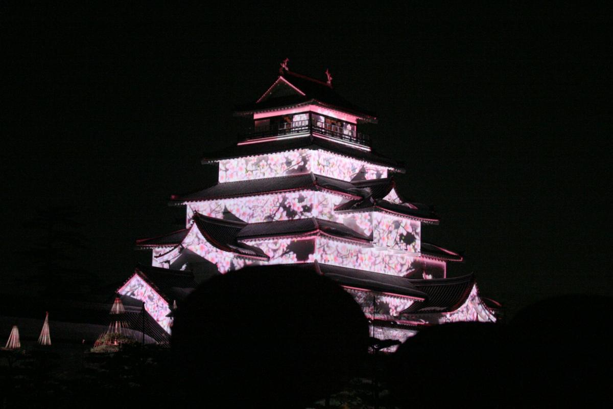 綺麗な桃色の桜の花が映し出された鶴ヶ城