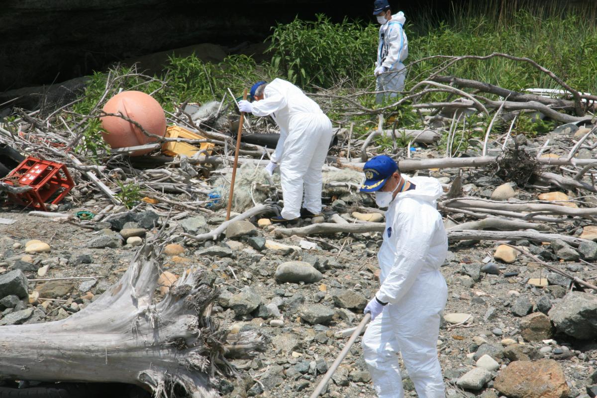 流木が散乱する熊川海岸を捜索する捜索隊