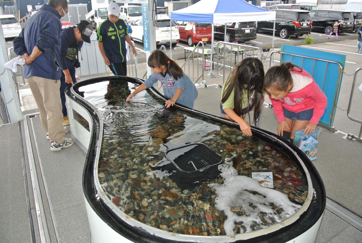 アクアマリンふくしまの移動水族館で魚に触れて楽しむ子どもたち