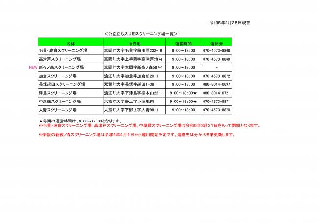 公益立入り用スクリーニング場一覧 