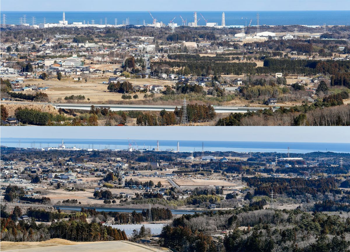 2021年2月（上）と2024年2月（下）の大川原地区から福島第一原発の方角を見た写真。