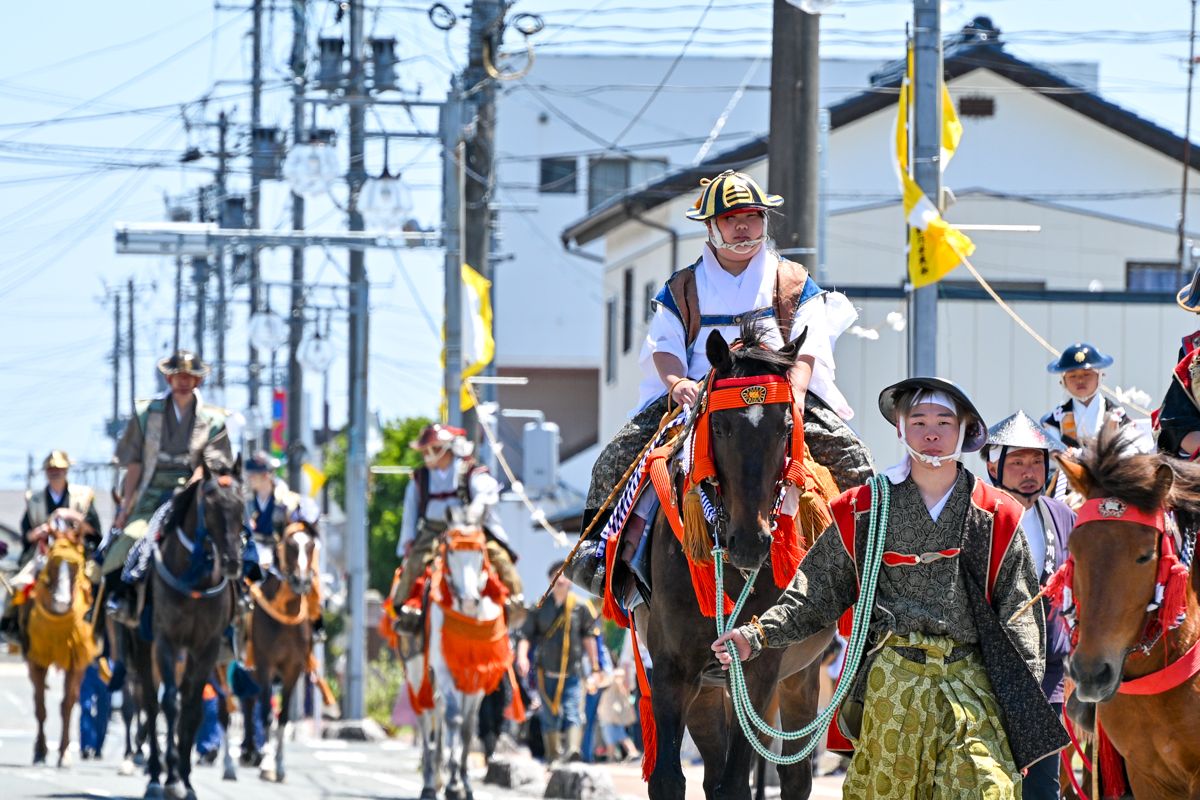 雲雀ケ原祭場地に到着後、北郷、宇多郷、中ノ郷、小高郷、標葉郷の5郷の騎馬武者らは御成参道を行進し、総大将が陣取る本陣に向かいます。