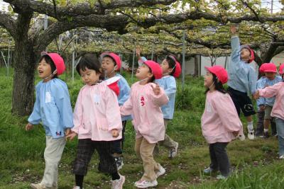 もう少しで届きそう！とナシの花に手を伸ばす園児