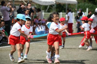 「そーっと先生運びましょ」先生の顔が貼ってあるボールを落とさないようにゴールを目指す子どもたち